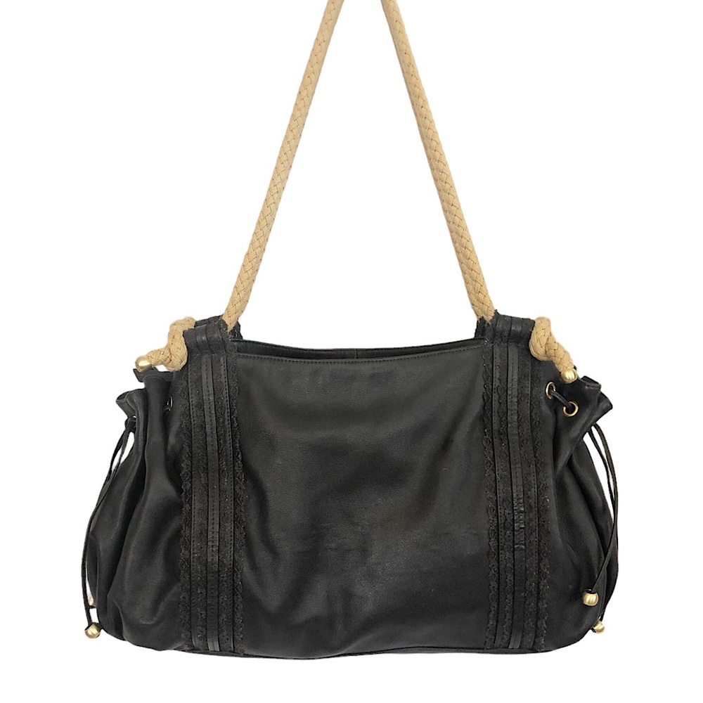 HILARY RADLEY Black Leather Lace Trim Rope Handle Satchel Bag